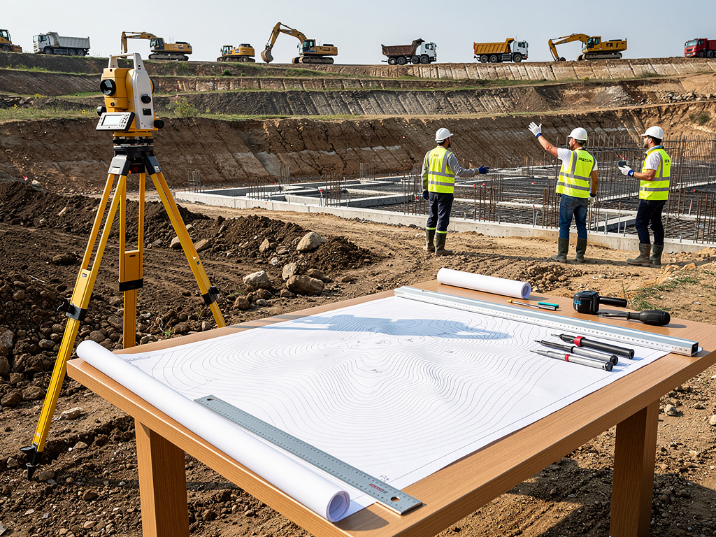 Topógrafo con estación total y planos en obra de construcción con ingenieros, excavadoras y camiones
