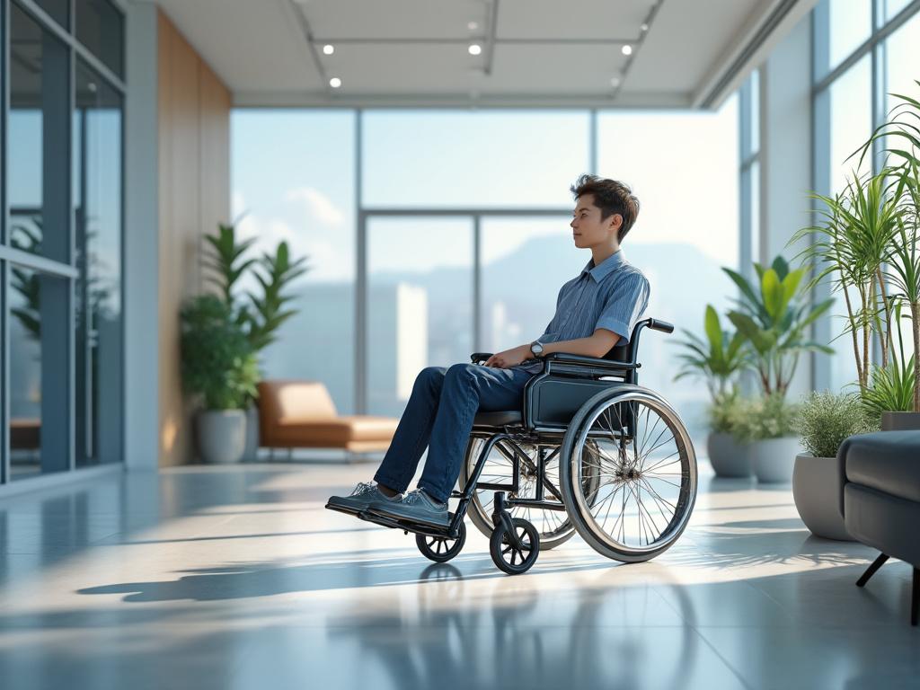 Persona en silla de ruedas en un pasillo iluminado con plantas en macetas y ventanales de fondo.