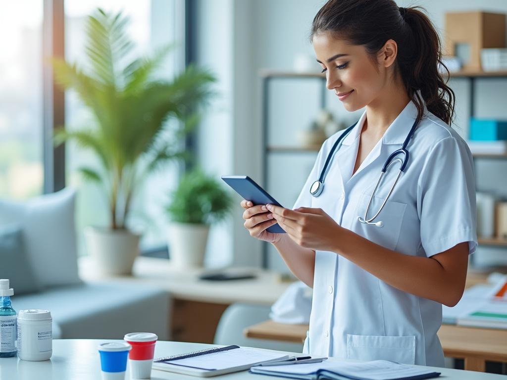 Doctora joven con bata blanca y estetoscopio, revisando una tableta en consultorio moderno y luminoso. Doctora joven con bata blanca y estetoscopio, revisando una tableta en consultorio moderno y luminoso.