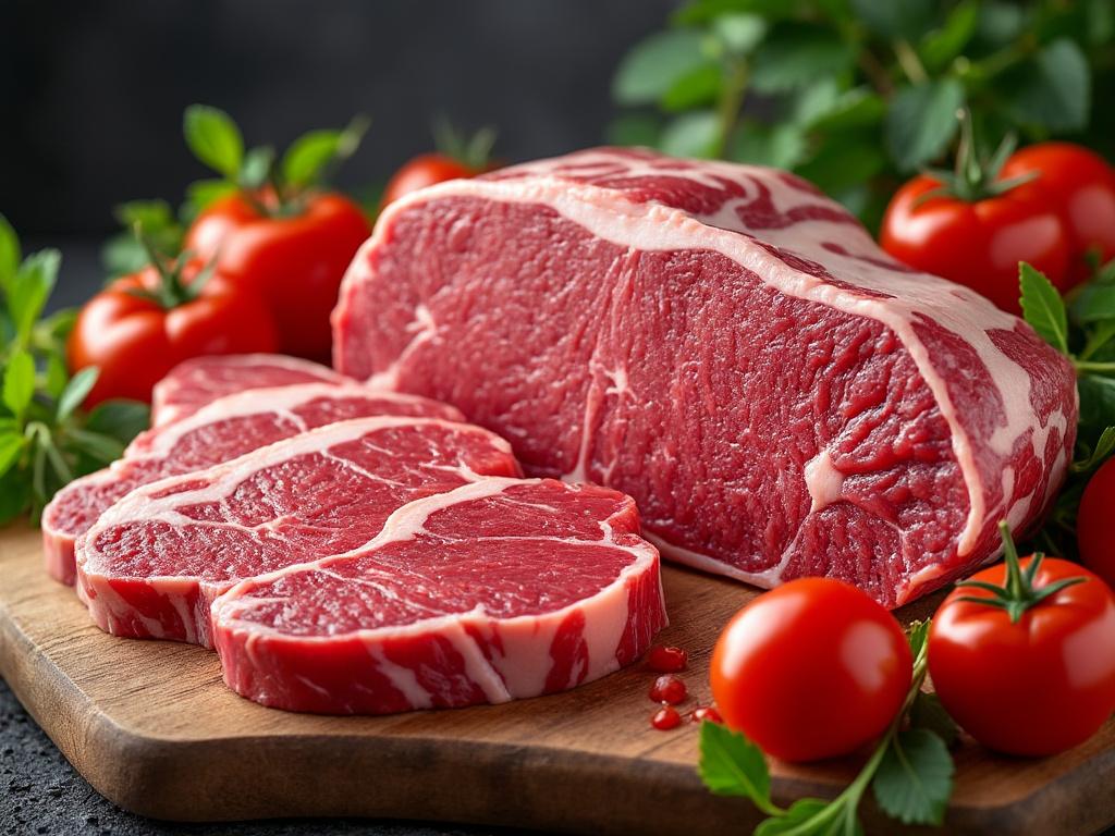 Corte fresco de carne de res sobre tabla de madera, rodeado de tomates rojos y hojas verdes.