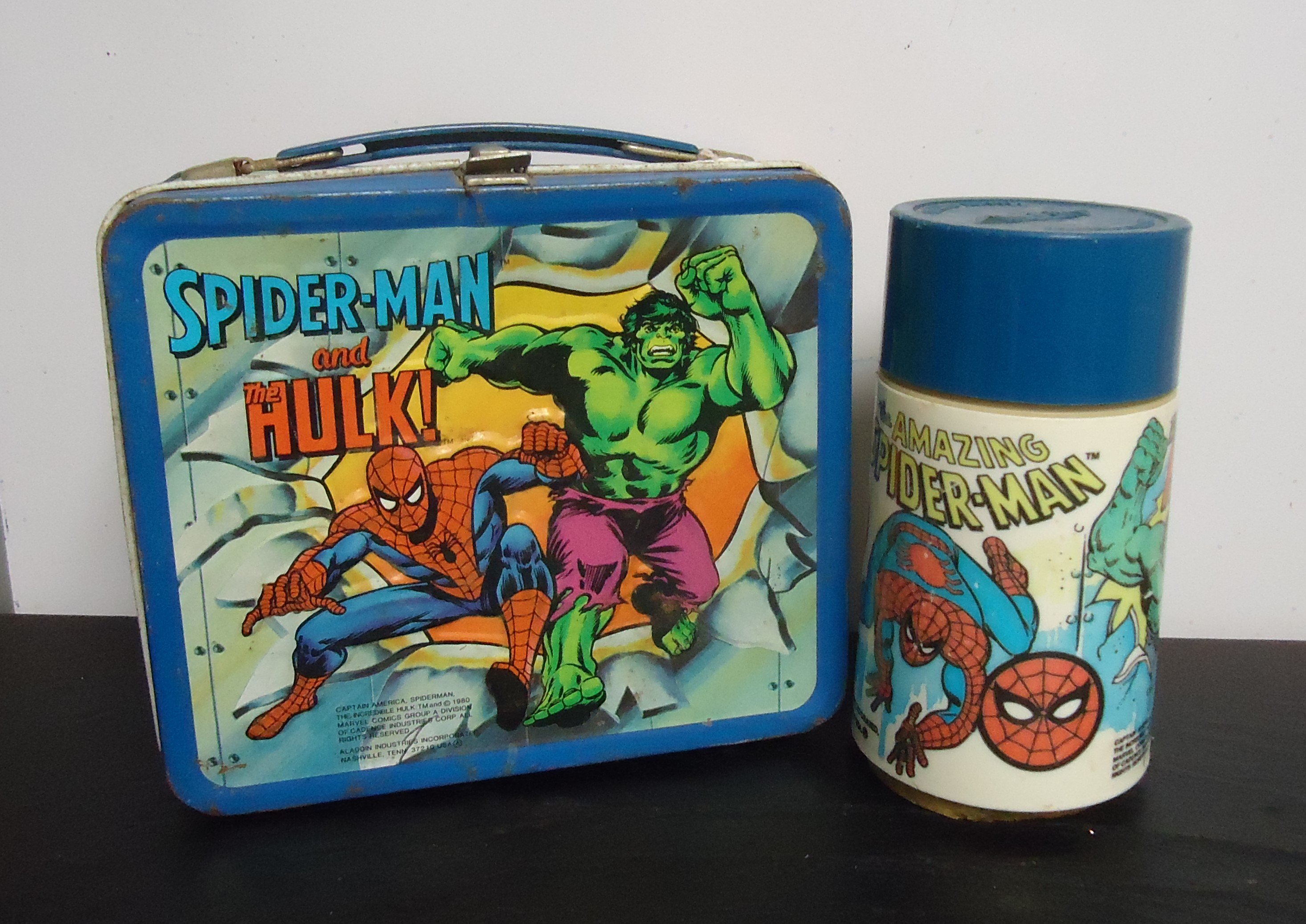 (18)  "1980" Spider-Man & Hulk
Metal Lunch Box W/ Thermos
(Back-Side Captain America)
$35.00