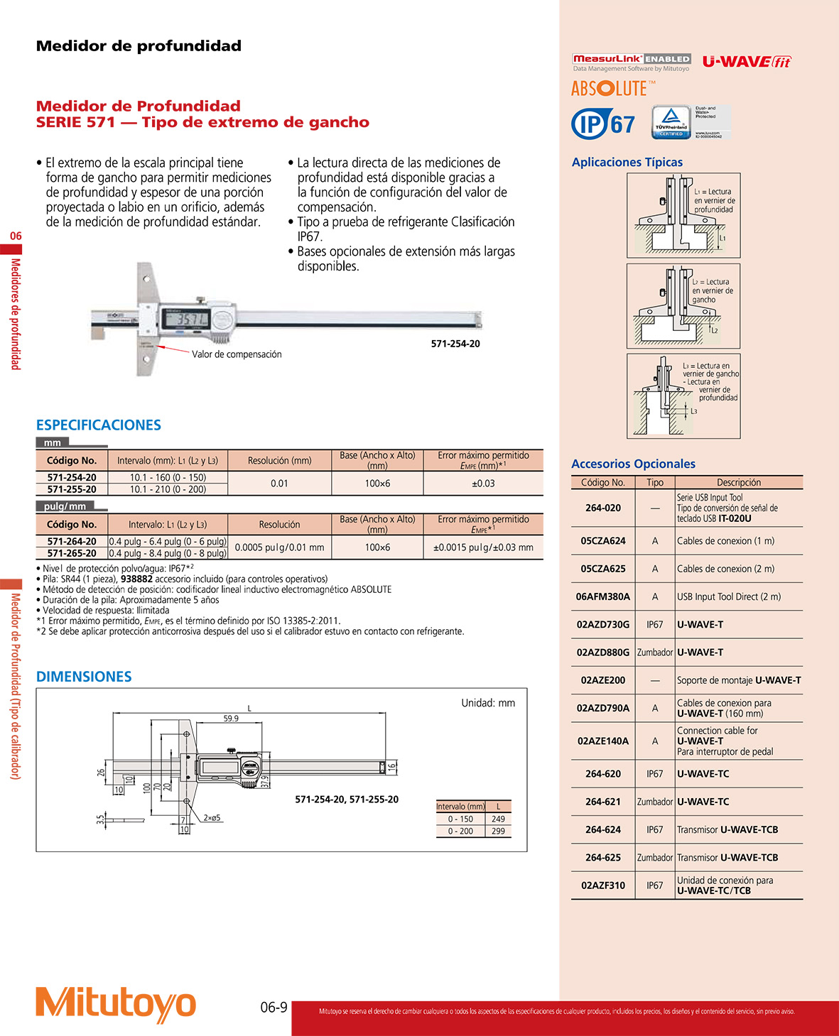Calibrador de profundidad tipo extremo de gancho