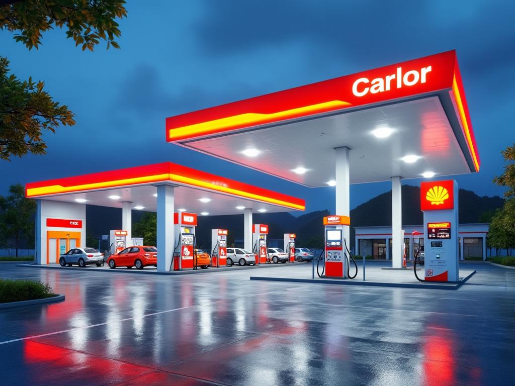 Estación de servicio con iluminación nocturna, varios coches en las bombas de gasolina, logotipos visibles, entorno tranquilo.