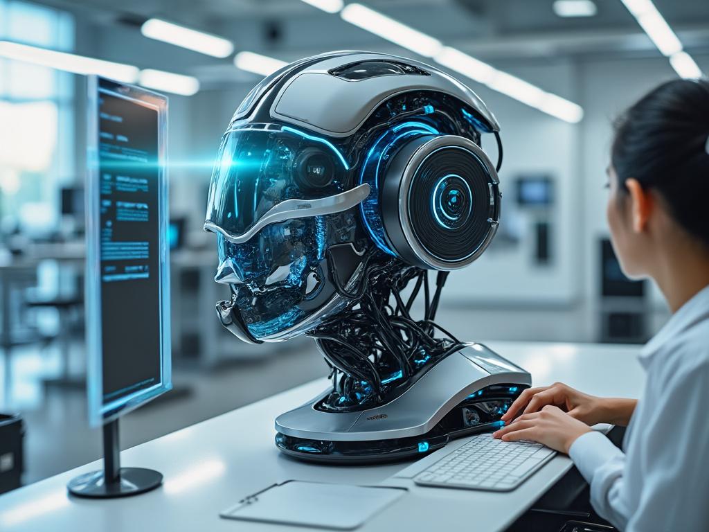 Mujer programando en una computadora junto a un robot futurista en una oficina moderna.