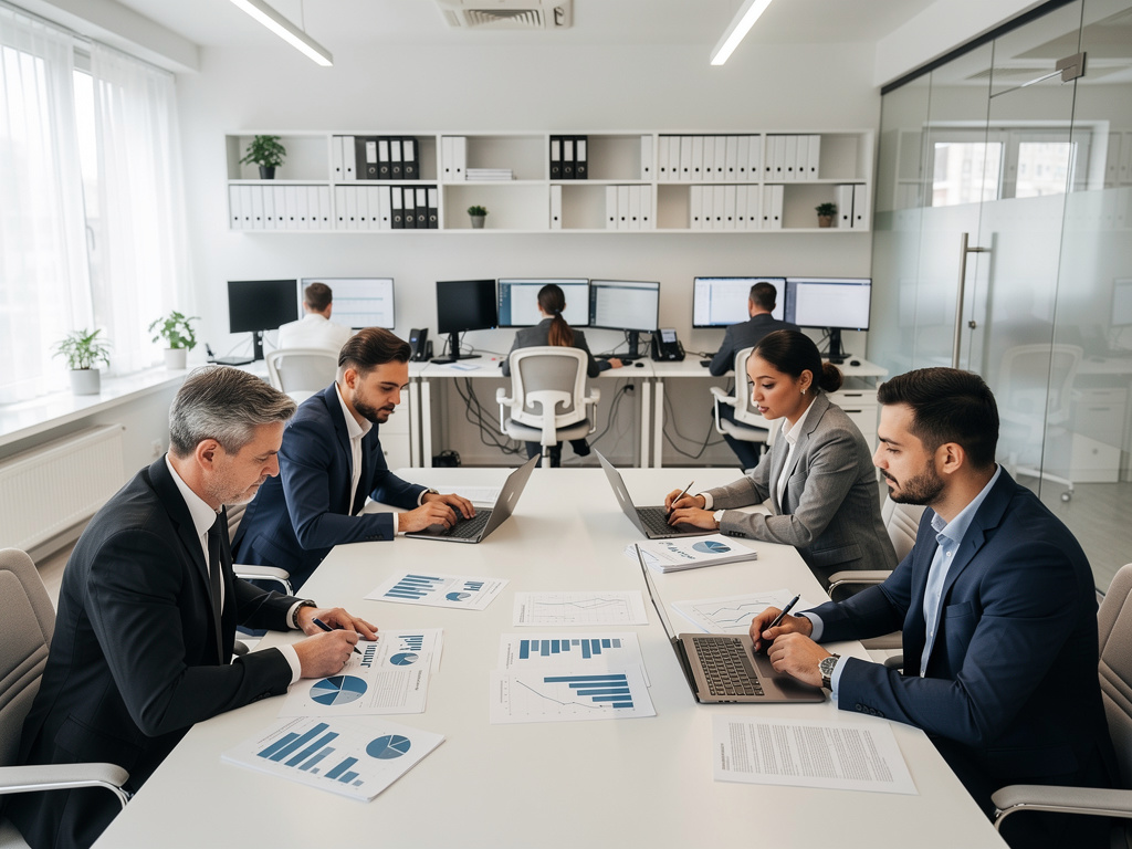 Equipo de negocios analizando gráficos financieros en reunión de oficina moderna