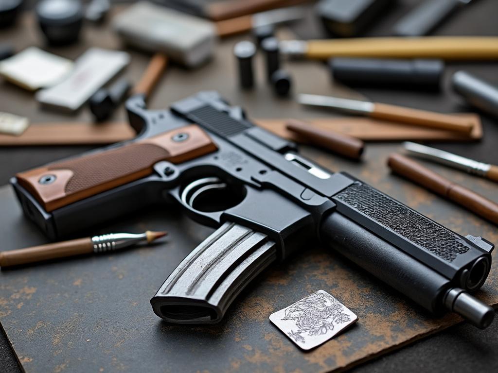 Black handgun with extended magazine surrounded by artistic tools and a sketch on a textured surface.