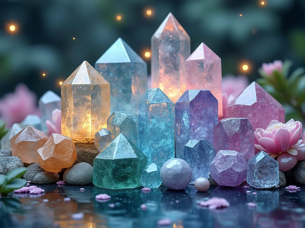 A serene display of illuminated colorful crystal formations surrounded by pink lotus flowers and soft glowing lights.