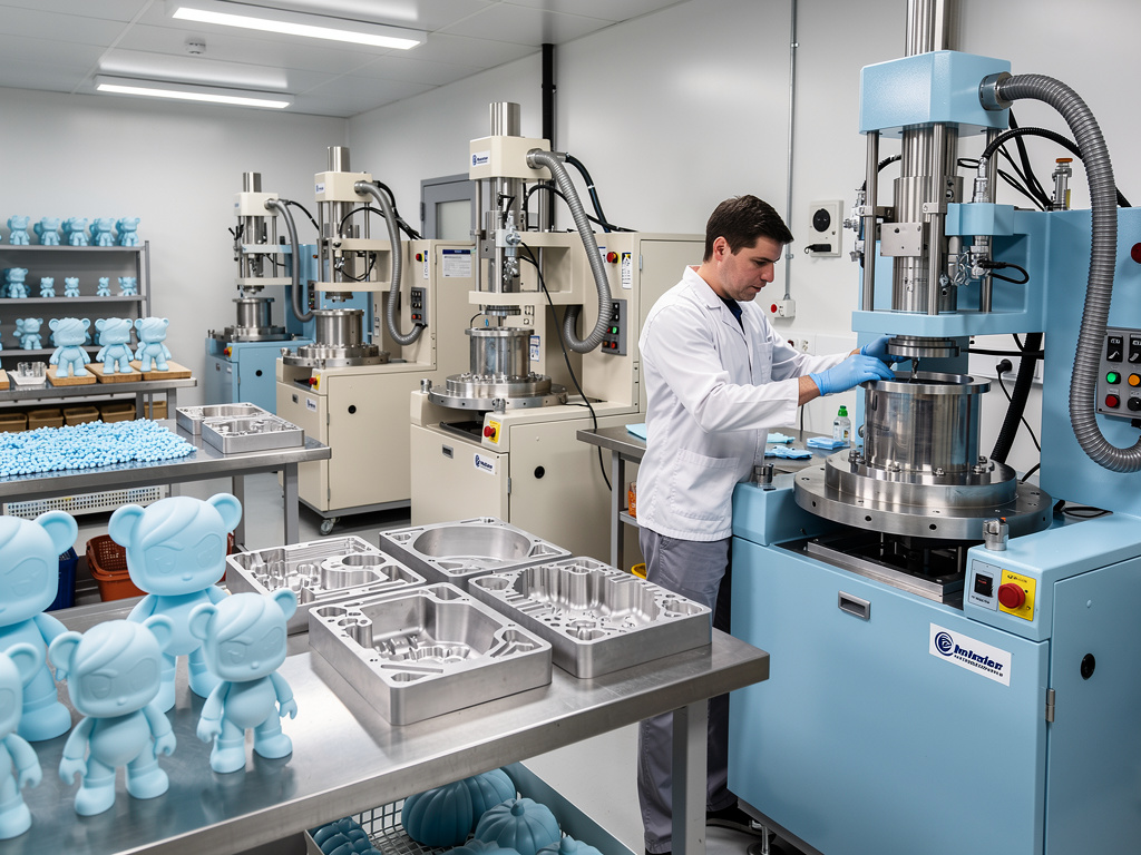 Técnico en laboratorio operando máquinas de moldeo industrial con moldes metálicos y figuras de plástico azul
