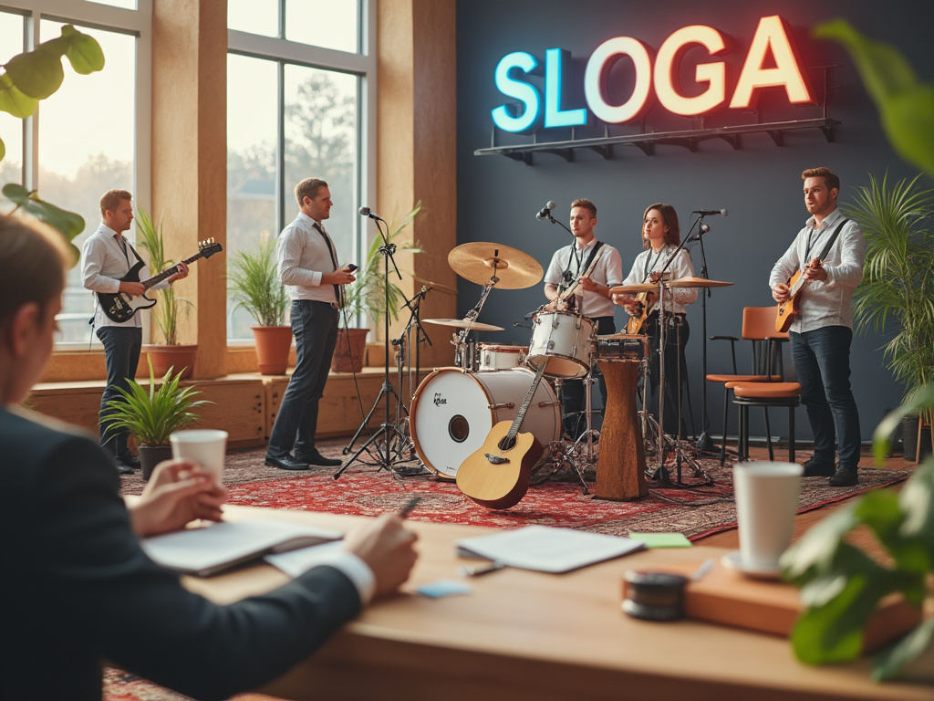 A band performing in an office setting, featuring musicians with guitars and drums, with a neon sign spelling 'SLOGA' in the background.