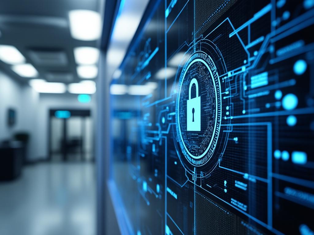 Imagen de un candado digital en una pantalla futurista que representa la ciberseguridad en una oficina moderna. Imagen de un candado digital en una pantalla futurista que representa la ciberseguridad en una oficina moderna.