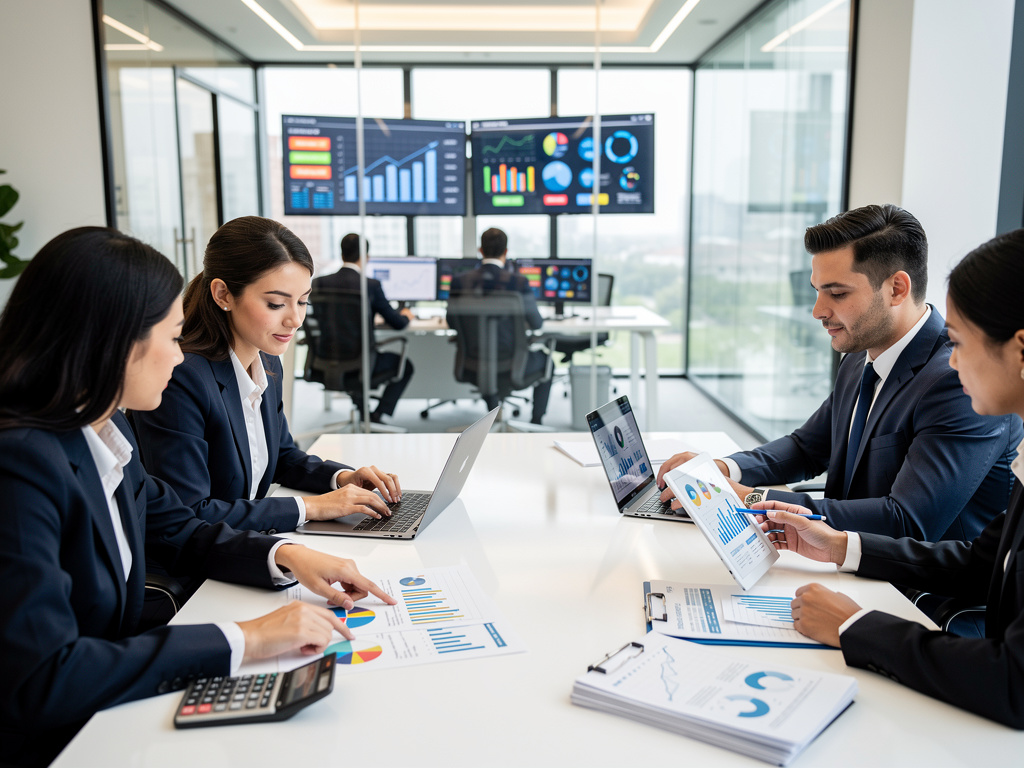 Equipo de negocios analizando gráficos financieros y datos en una sala de reuniones moderna