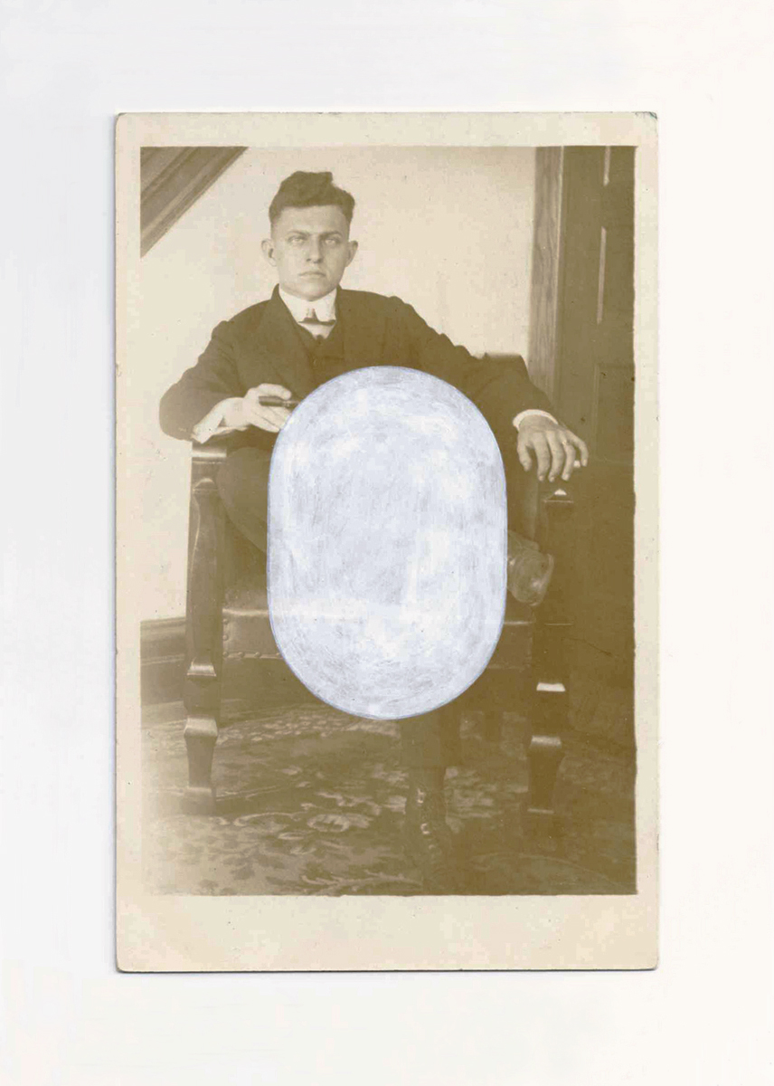 An old sepia photograph of a young man with a cigar, plus a white painted oval.