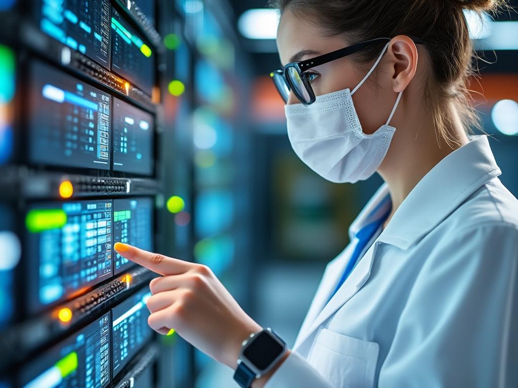 Female technician wearing mask and glasses working with data servers, pointing at monitor, technology and healthcare concept.