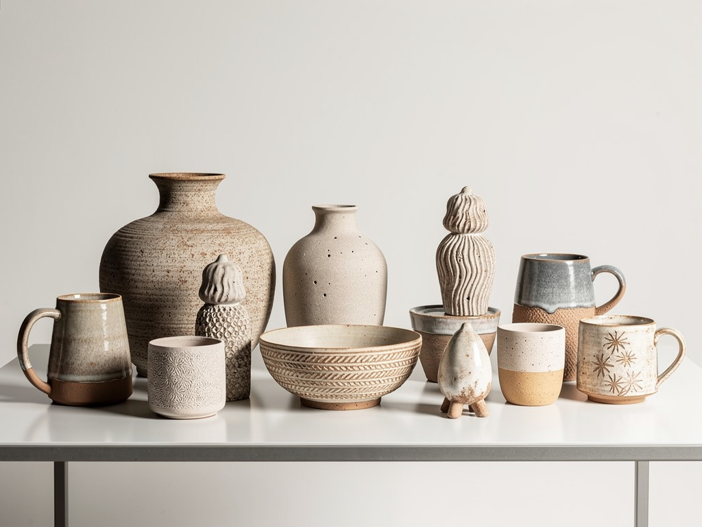 Colección de cerámica artesanal en tonos neutros con jarrones, cuencos, tazas y figuras decorativas sobre mesa blanca