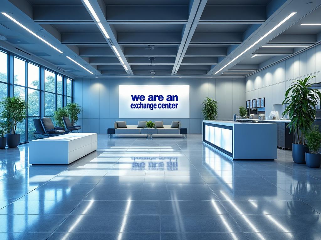 Moderno salón de intercambio con muebles blancos, plantas y cartel luminoso en la pared.