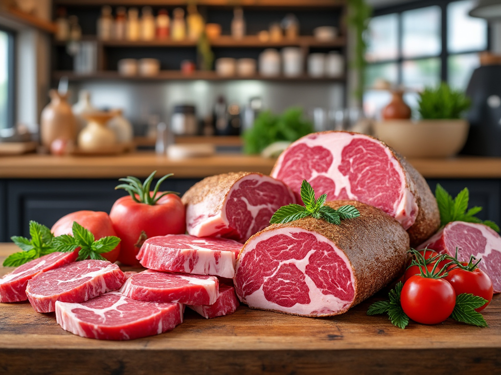 Carne fresca en rodajas junto a tomates y hierbas sobre una tabla de madera en una cocina moderna. Carne fresca en rodajas junto a tomates y hierbas sobre una tabla de madera en una cocina moderna.