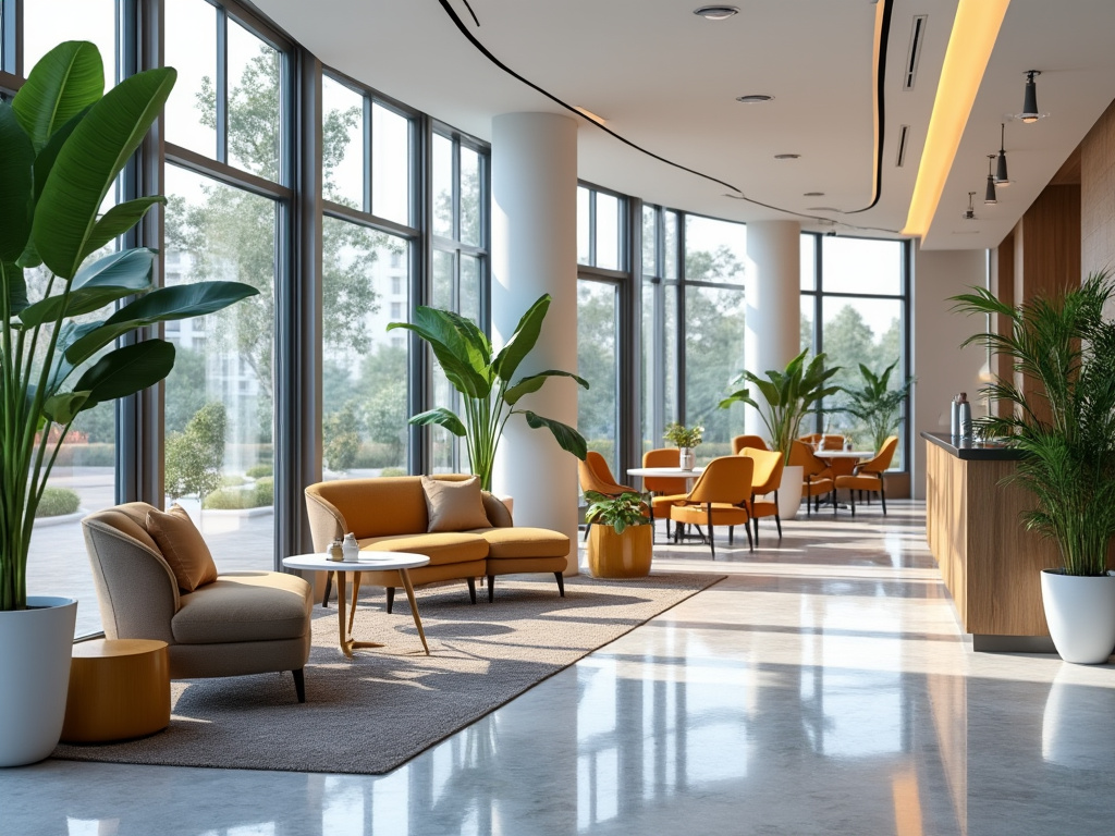 Sala de espera moderna con muebles naranjas y plantas tropicales, iluminación natural a través de grandes ventanales.