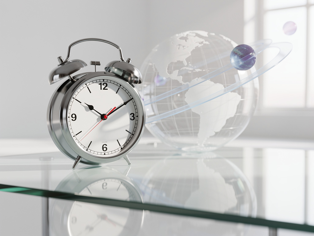 Reloj despertador metálico sobre mesa de cristal con globo terráqueo transparente y órbitas planetarias al fondo
