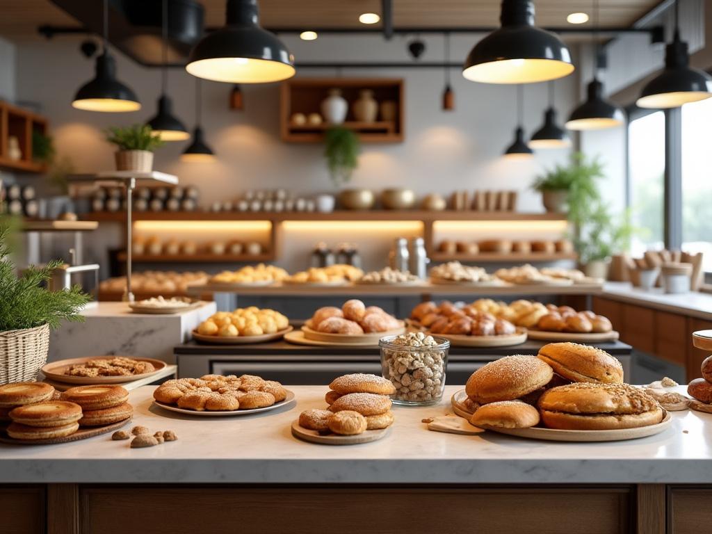 Interior de una panadería moderna con variedad de panes y dulces en exhibición sobre mesas de mármol, iluminada con luces colgantes.