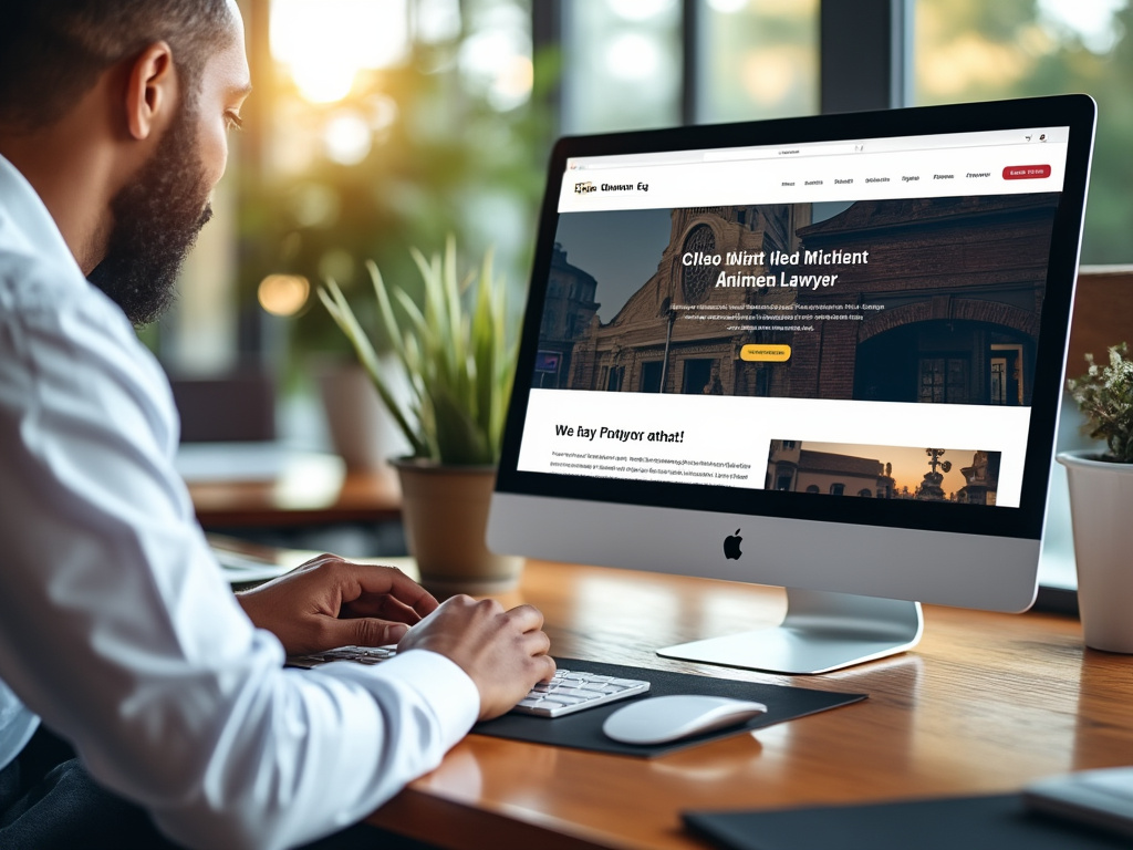 Man working on desktop computer viewing lawyer's website in modern office