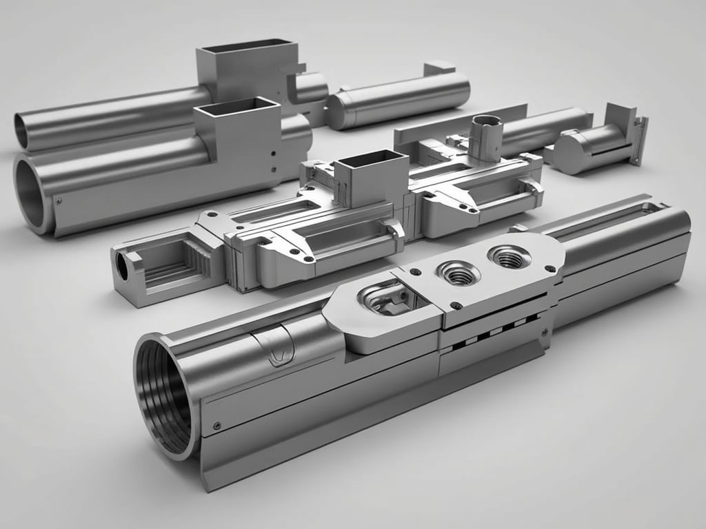 Precision machined metal components and cylindrical aluminum parts arranged on a gray background