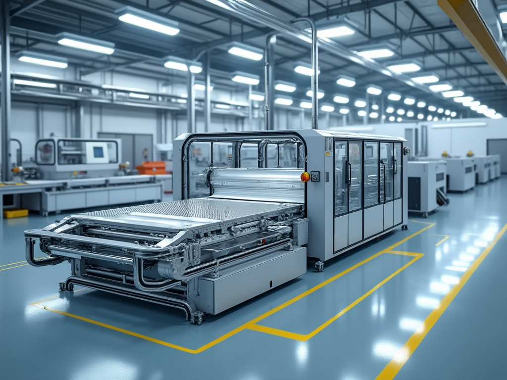 Máquina industrial de alta tecnología en una fábrica moderna, rodeada de luces LED y equipos avanzados.