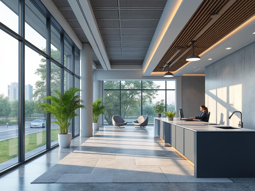 Recepción moderna con grandes ventanales, plantas decorativas y persona trabajando en un escritorio, vista a la ciudad.