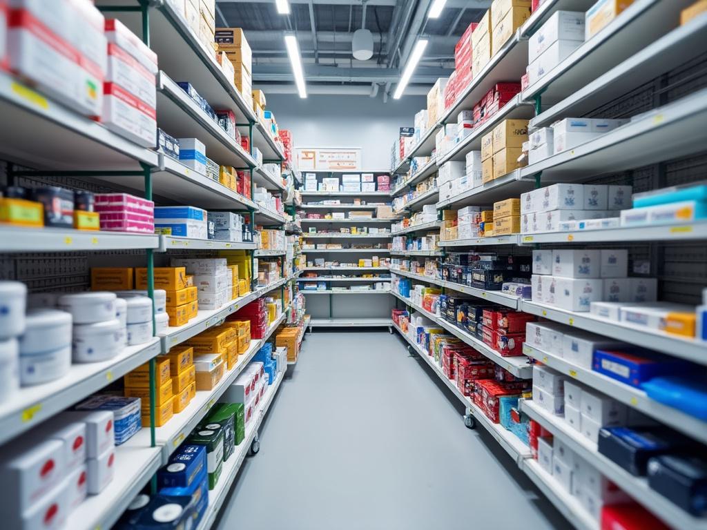 Pasillo de supermercado con estantes llenos de productos diversos y cajas organizadas.