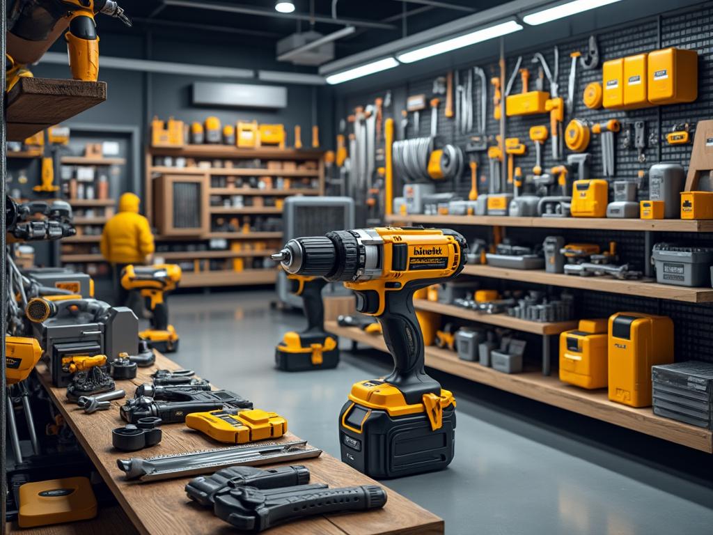 Mostrador de herramientas eléctricas en una tienda bien organizada con taladros, alicates y cajas de herramientas amarillas y negras.