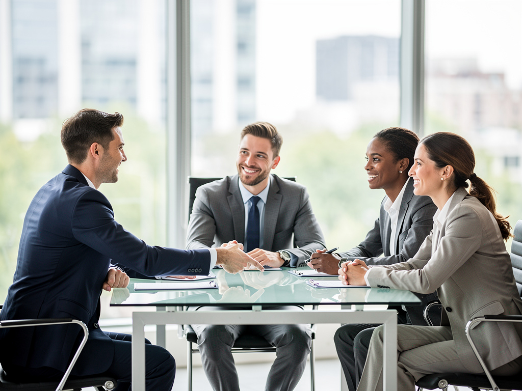 Equipo de profesionales de negocios estrechando la mano en una reunión corporativa en oficina moderna
