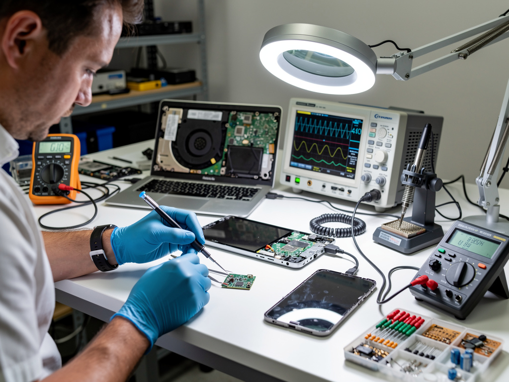 Técnico reparando placa electrónica de smartphone en banco de laboratorio con osciloscopio, multímetros y lámpara lupa