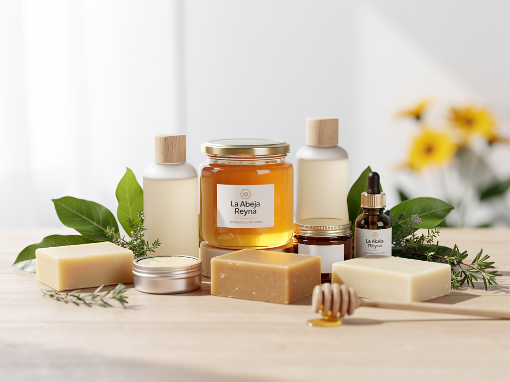 Productos naturales de miel y cosmética artesanal con jabones, cremas, aceites y tarro de miel La Abeja Reyna