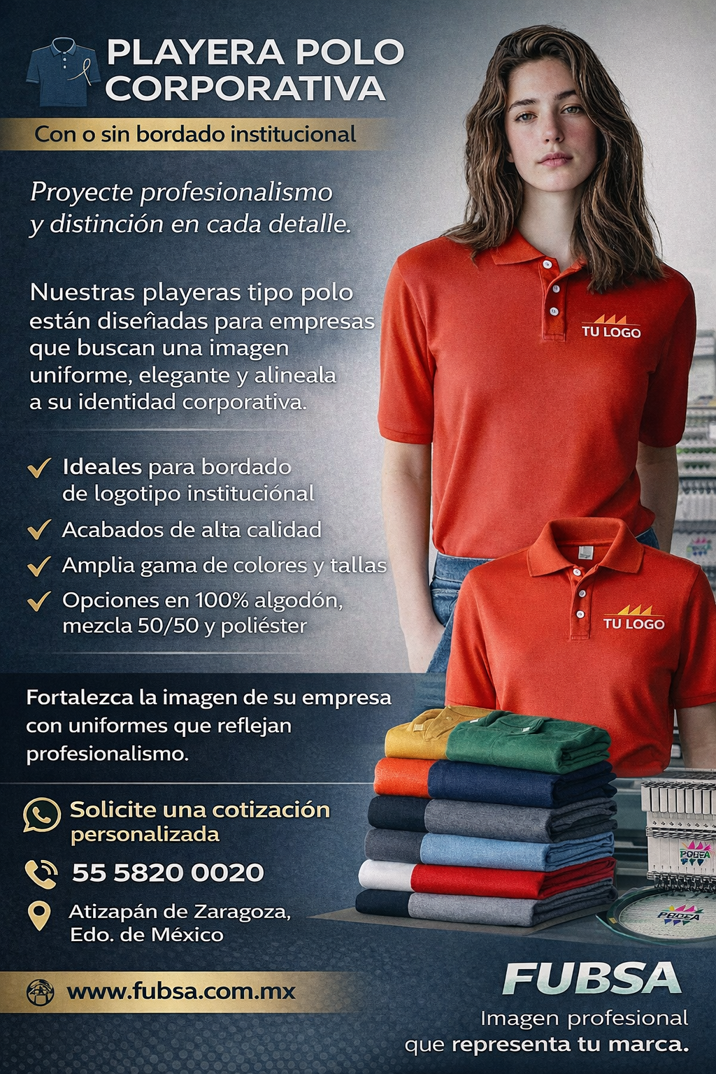 Calidad premium
Bordado o estampado personalizado
Varios colores y tallas
Mayoreo y menudeo
Ideal para:
✔ Uniformes empresariales
✔ Escuelas
✔ Eventos
✔ Equipos de trabajo