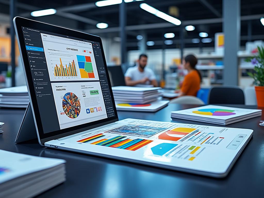 Tablet mostrando gráficos de datos en una oficina moderna con personas trabajando al fondo.