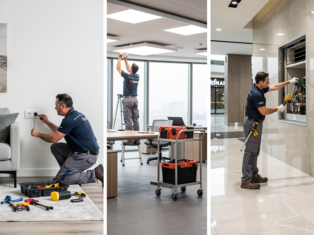 Técnico de mantenimiento realizando reparaciones eléctricas, iluminación de oficina y sistemas HVAC en interiores modernos