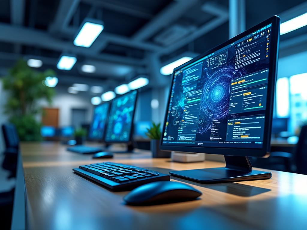 Estación de trabajo en oficina moderna con computadora mostrando datos y gráficos digitales, teclado y ratón en escritorio. Estación de trabajo en oficina moderna con computadora mostrando datos y gráficos digitales, teclado y ratón en escritorio.
