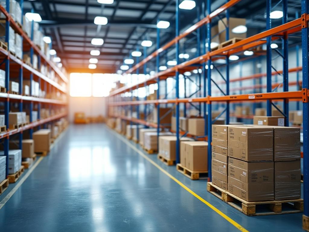Almacén moderno con estanterías metálicas y cajas en palets bajo iluminación brillante.