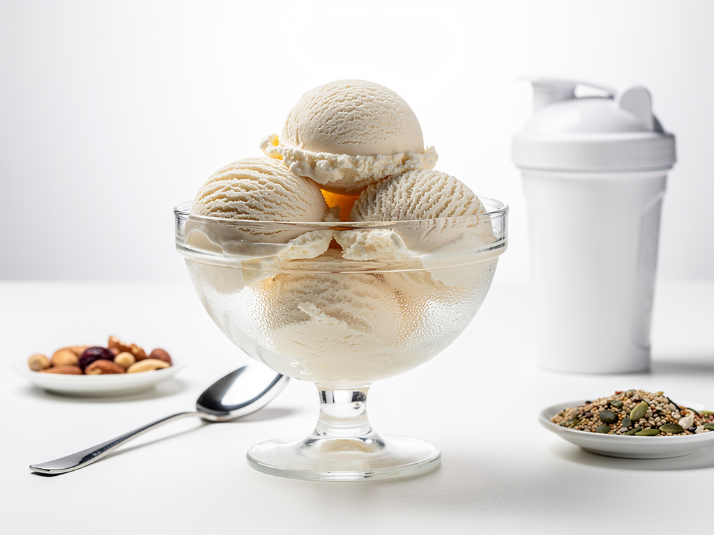 Vanilla protein ice cream scoops in glass bowl with shaker, nuts, seeds, and spoon on white background Vanilla protein ice cream scoops in glass bowl with shaker, nuts, seeds, and spoon on white background