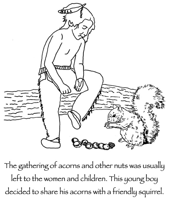 Wampanoag, native american, american indian boy sharing acorns with a squirrel thanksgiving coloring page many hoops