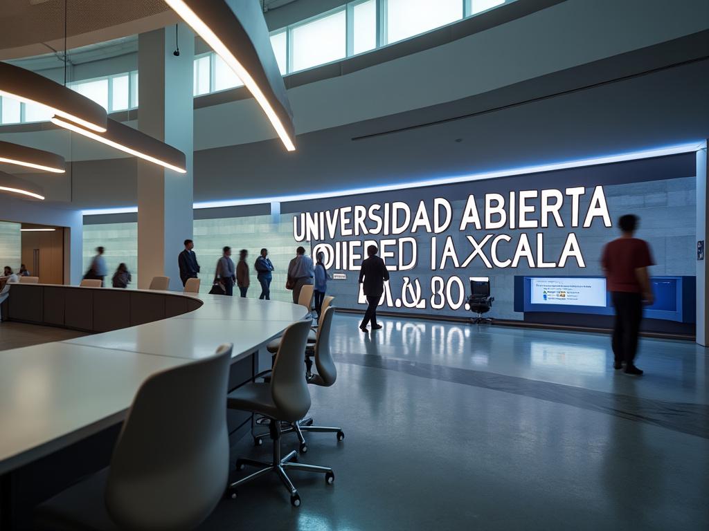 Interior moderno de una universidad con personas caminando frente a un letrero luminoso que dice 'Universidad Abierta'.