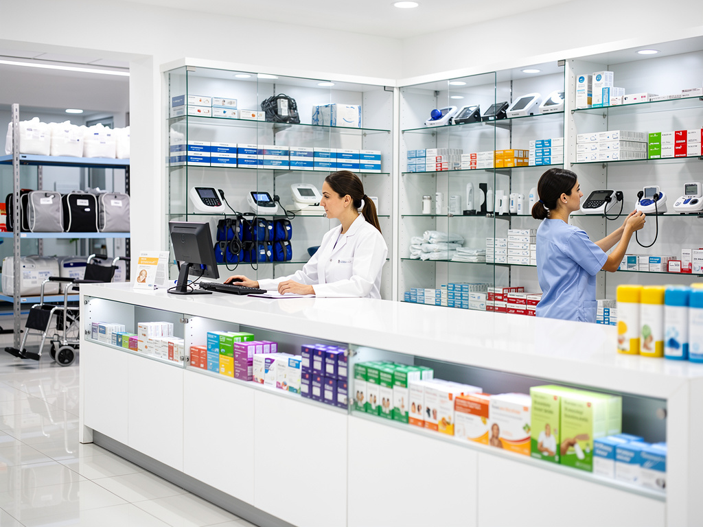 Farmacia moderna con farmacéuticas, medicamentos y equipos médicos en vitrinas Farmacia moderna con farmacéuticas, medicamentos y equipos médicos en vitrinas
