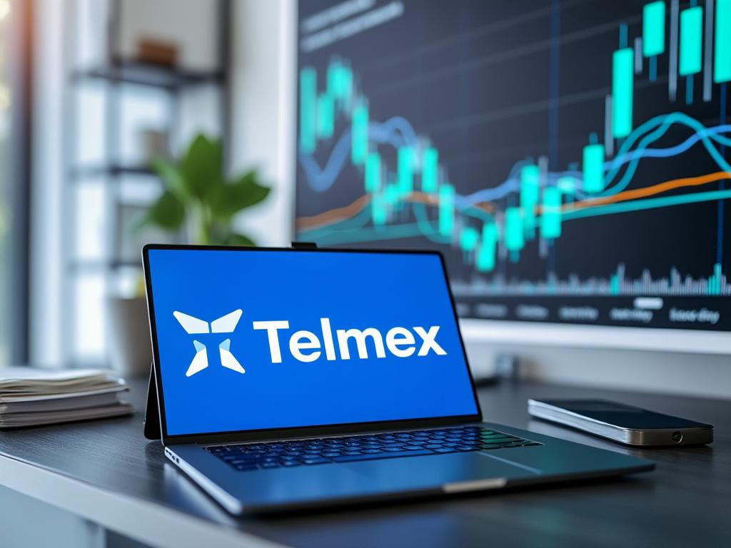 Ordenador portátil con logo de Telmex en la pantalla, gráficos financieros en el fondo, ubicada en una oficina moderna.