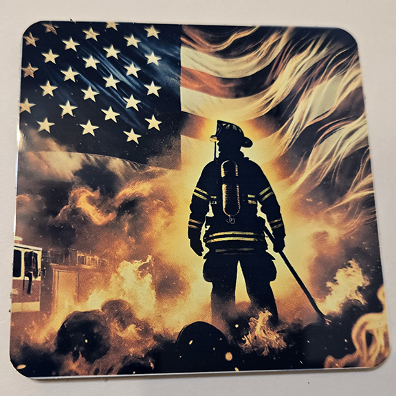 Square metal coaster with a firefighter design