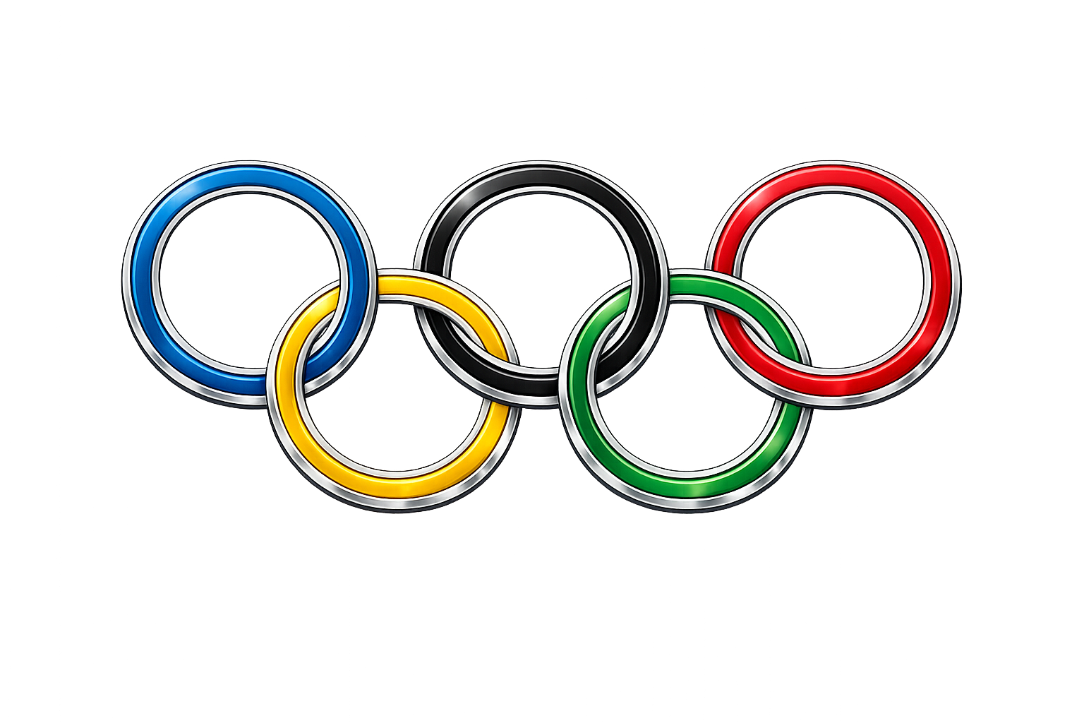 Olympic rings illuminated in a large stadium with blue lighting.