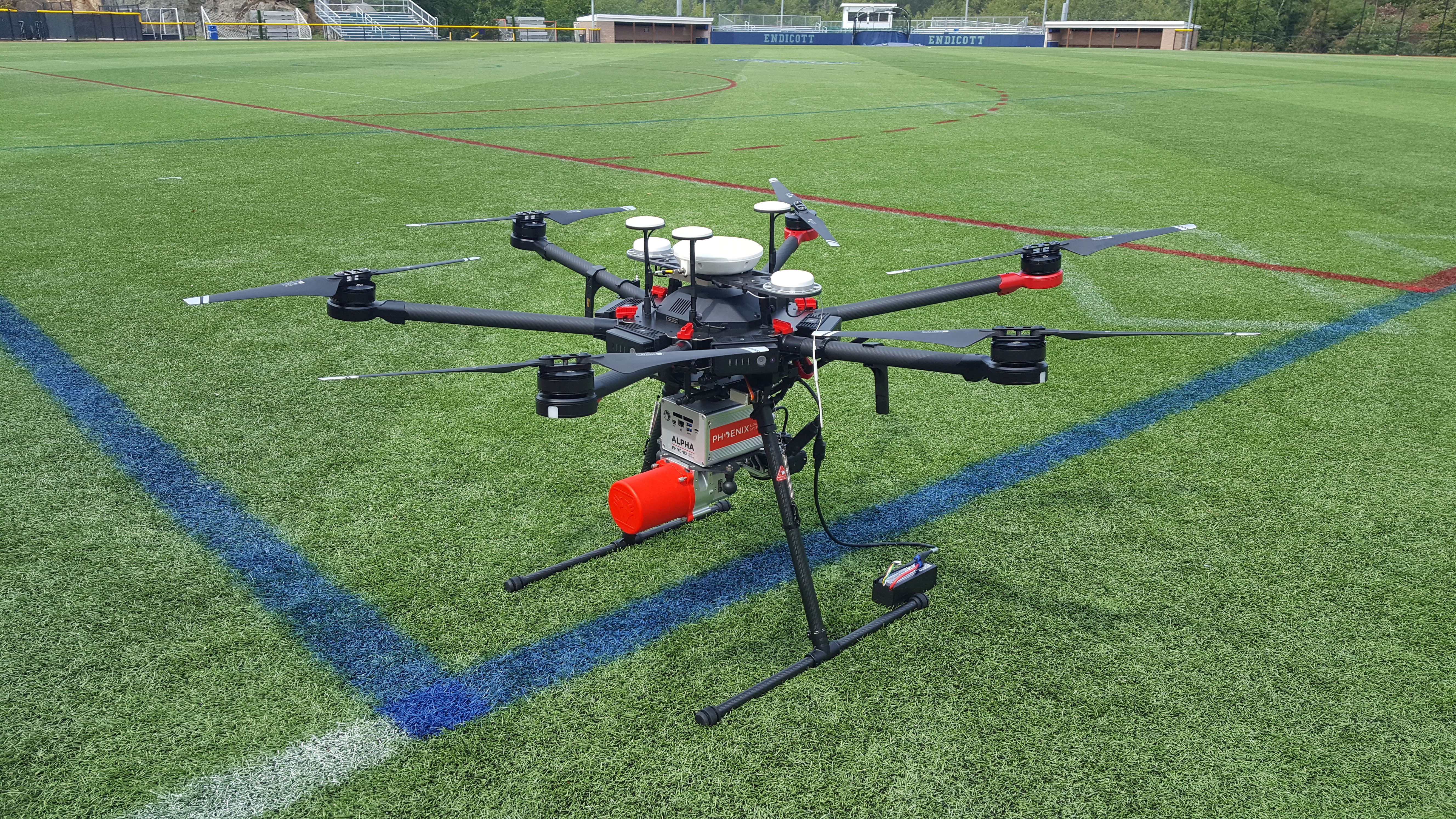 LiDAR aerial drone displayed on a sports field