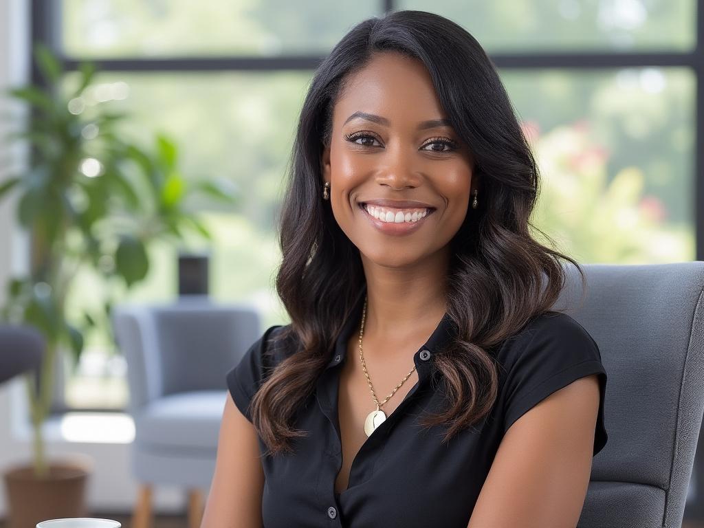 Smiling woman in black shirt seated in office setting with plants and large window in background.