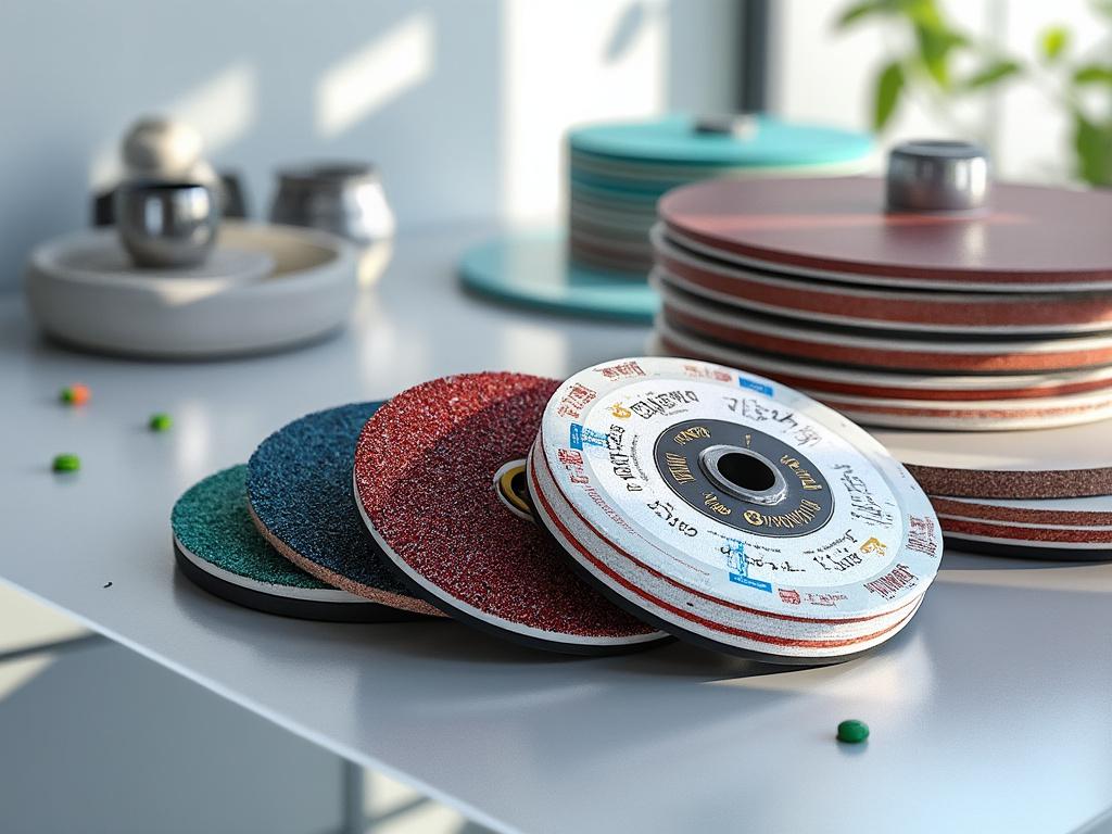 Discos abrasivos de diferentes texturas y colores apilados sobre una mesa blanca, con objetos de decoración en el fondo.