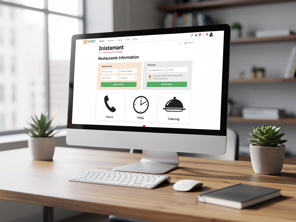 Desktop computer displaying restaurant information website on modern office desk with keyboard, mouse, notebook, and potted plants
