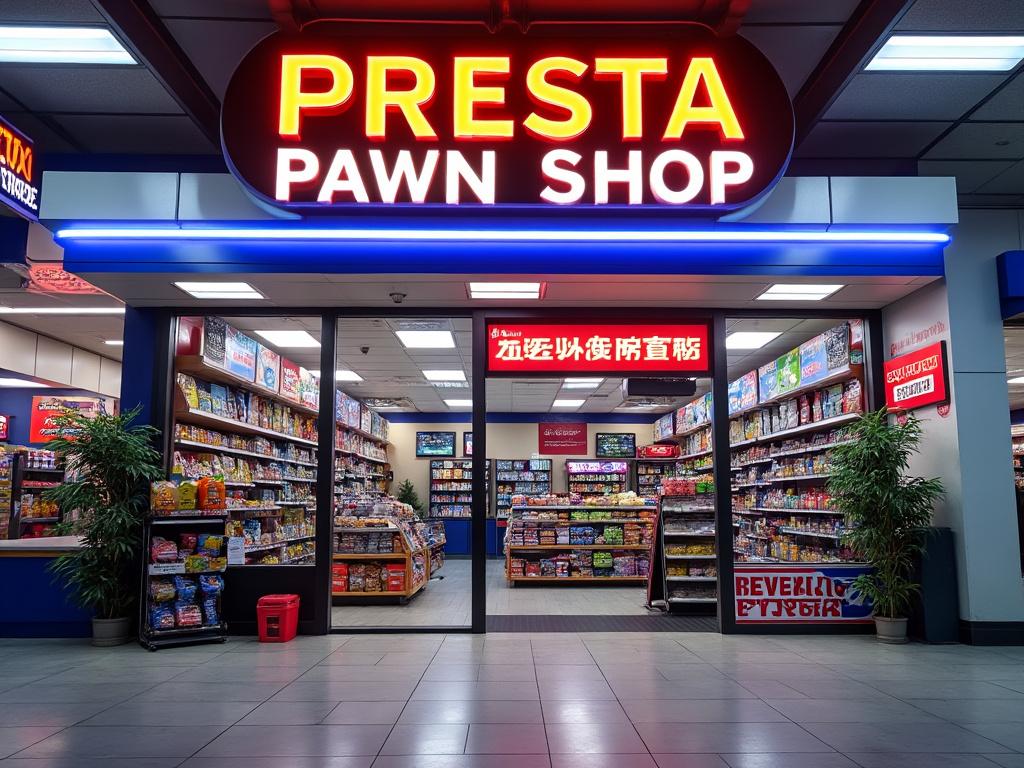 Fachada de tienda de empeño con estantes llenos de productos variados.