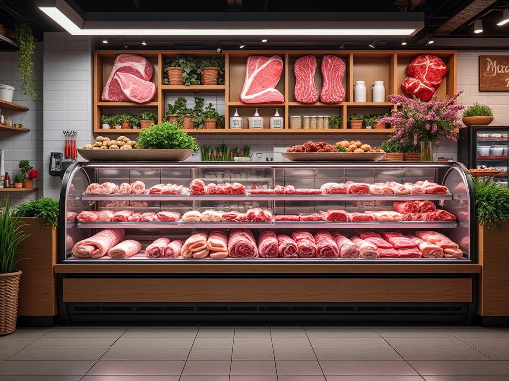 Mostrador de carnicería con variedad de cortes de carne fresca exhibidos en bandejas, decorado con macetas de plantas y flores.